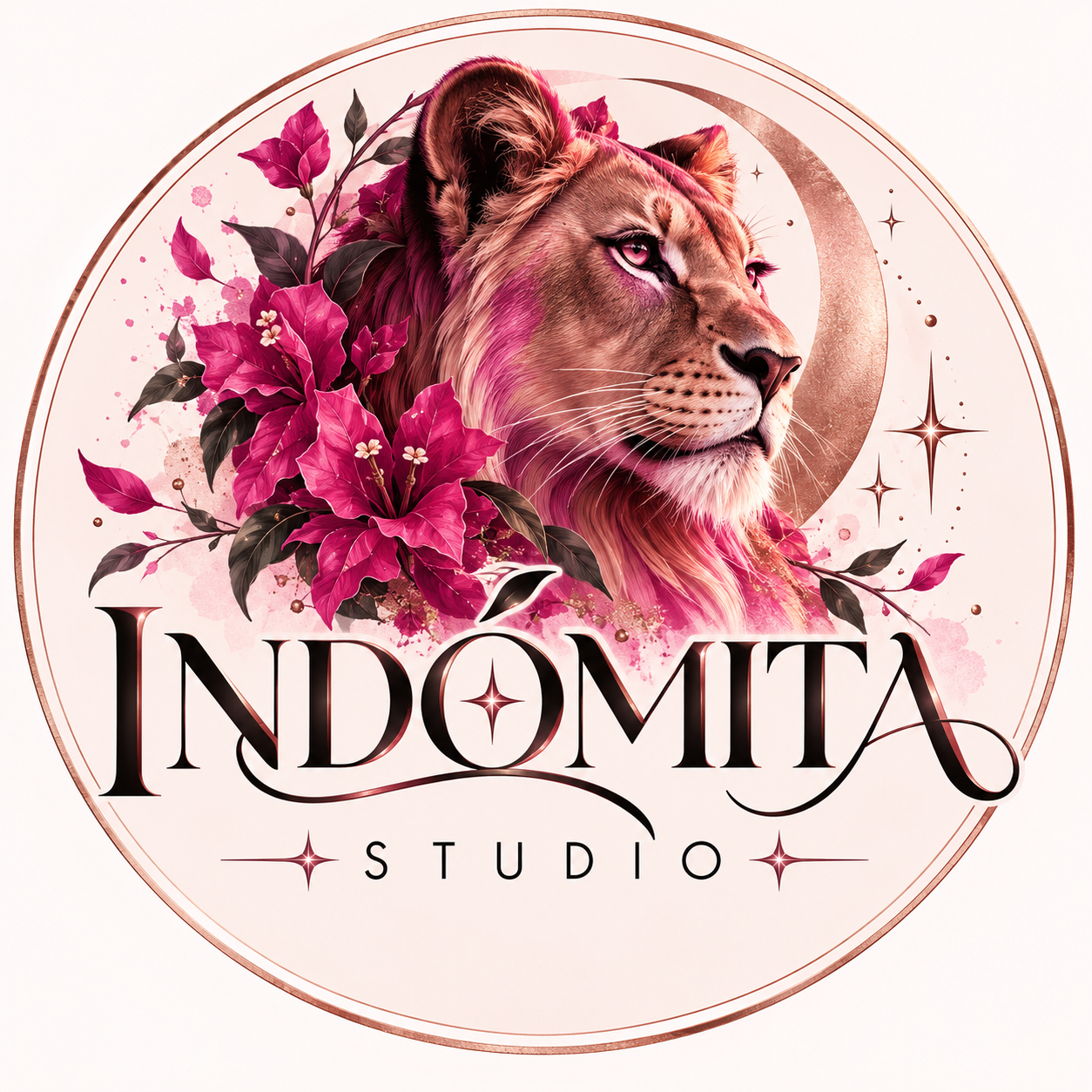 Logotipo oficial de Indómita Studio: leona rodeada de flores fucsias y detalles en oro rosado